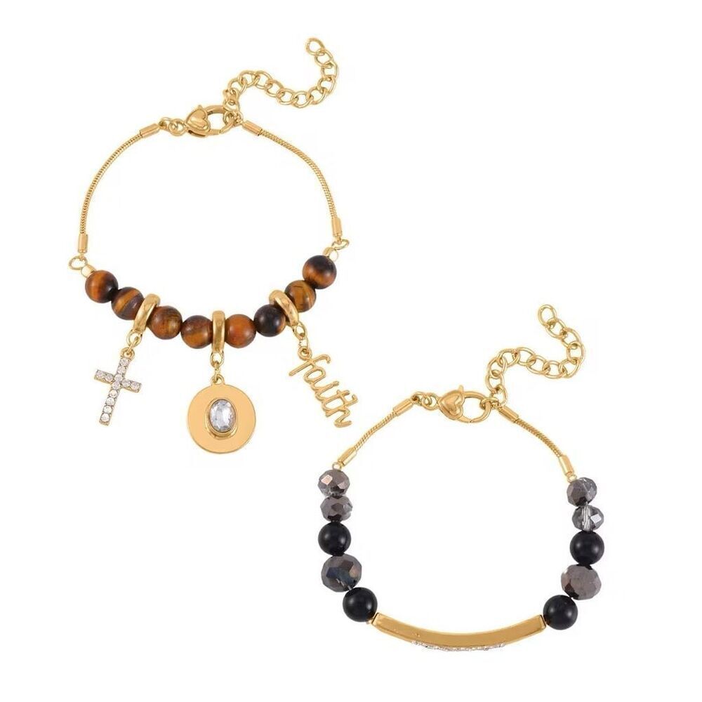 Black Agate Tiger's Eye and Multi Gemstone Set of 2 Faith Adjustable Bracelets